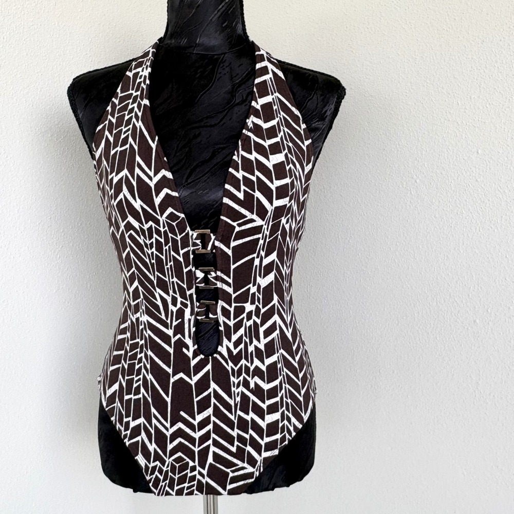 La Blanca One Piece Swimsuit Geometric Halter Plunge, Womens 8 Brown